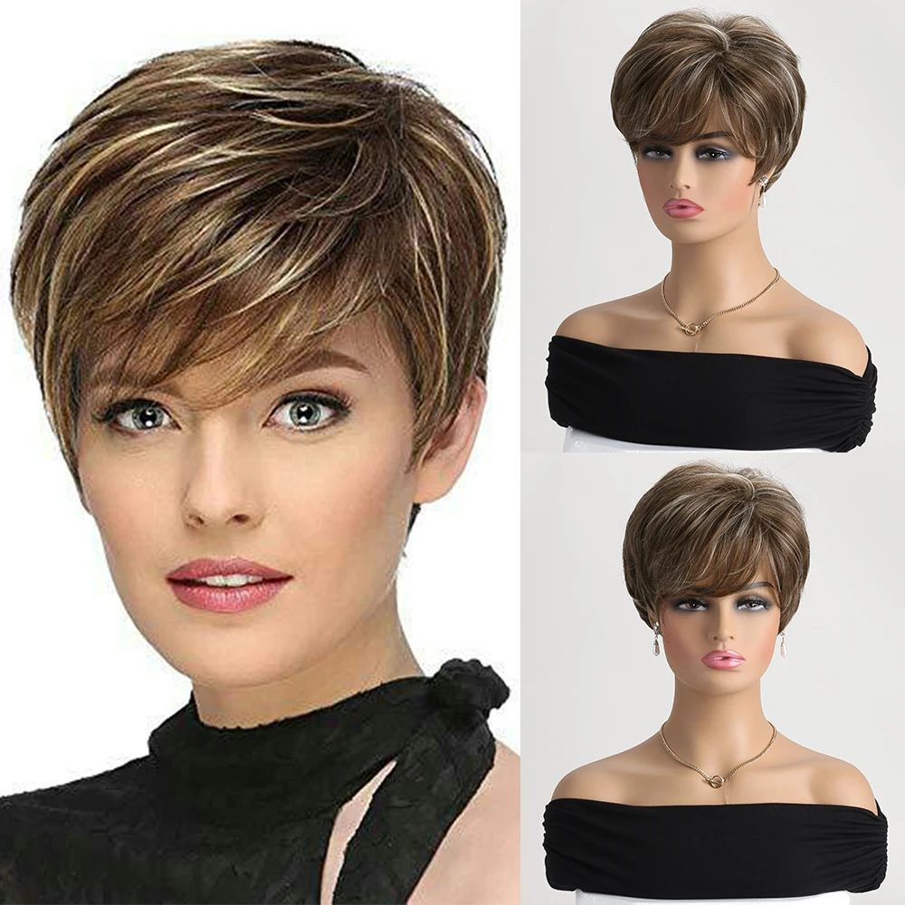 วิกผมสีน้ําตาลวิกผมสังเคราะห์ธรรมชาติสําหรับผู้หญิง 10 นิ้ววิกผมหยิกสั้น Daily PARTY ผมทนความร้อน