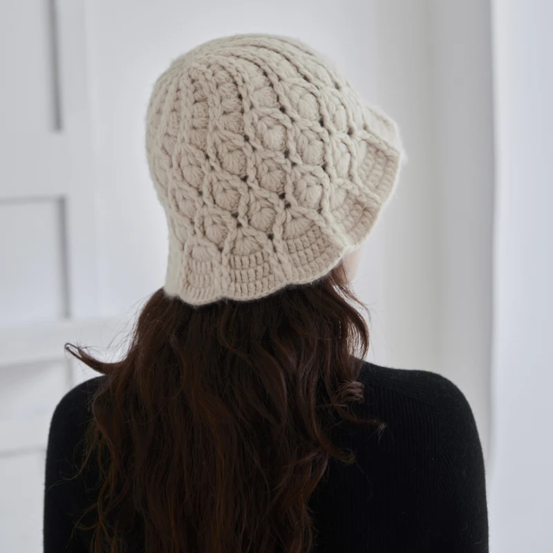 Autumn Winter 100% Cashmere Hat for Women Handmade Crochet Hollow Knitted Fisherman Hat Thickened Warm Head Wrap Bucket Hat