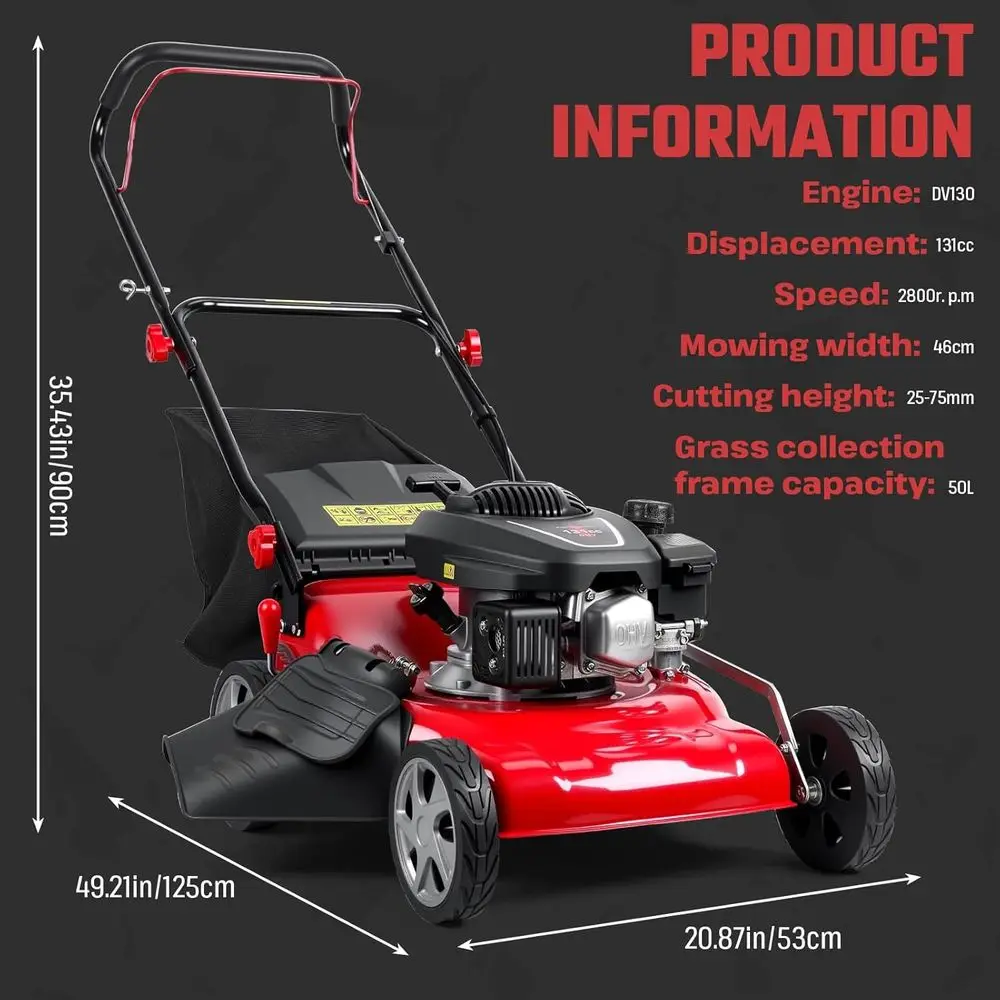 l-Propelled Gas Lawn Mower 131cc, 18Cutting Width, 50L Grass Catcher ag, Rear-Wheel Drive System or Uneven Terrain, Ergonomic Ha