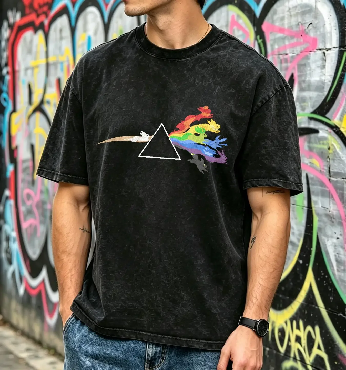 washed T Shirt Cartoon Eevees Characters Evolution Dark Prism Side Triangle Rainbow long or short sleeves vintage Washed
