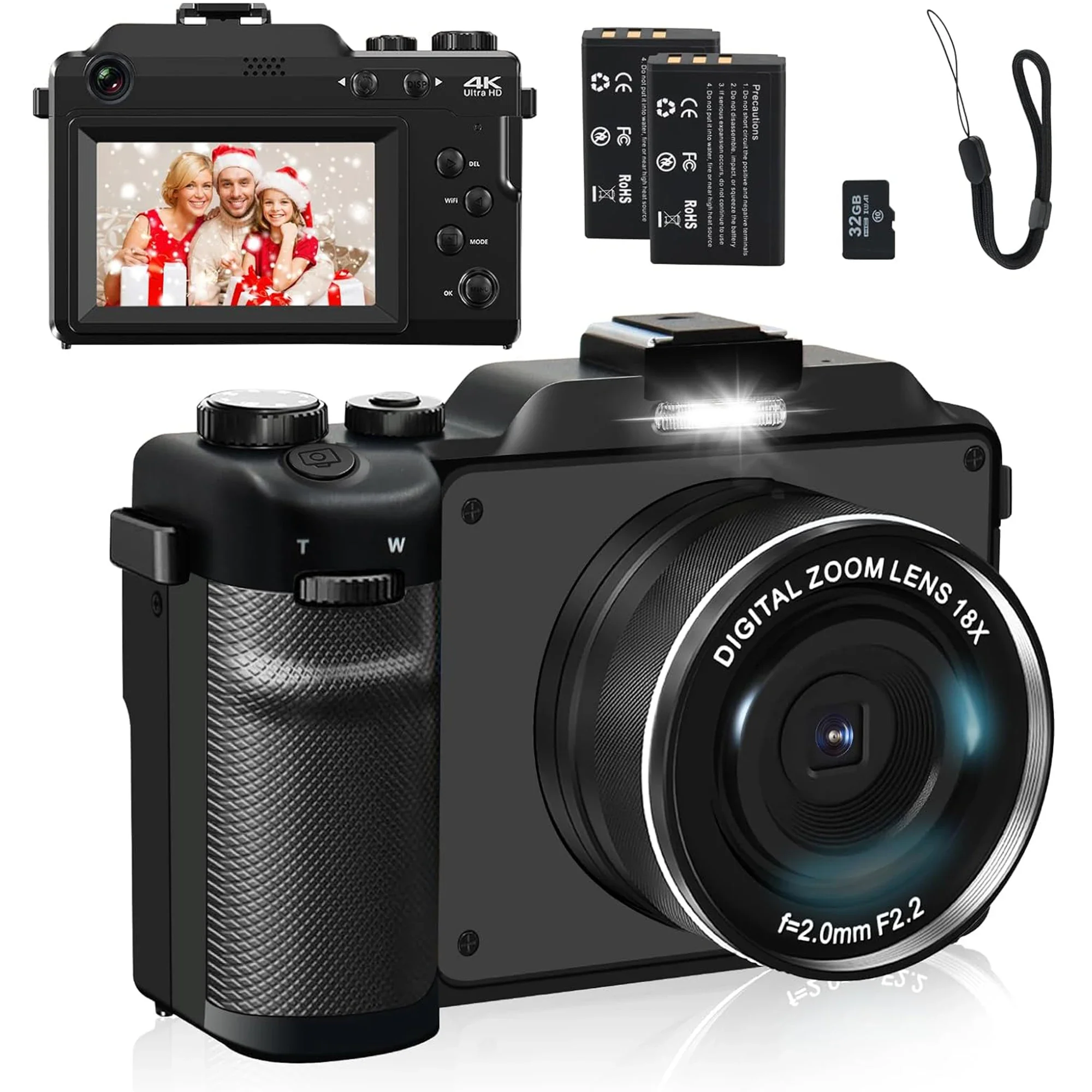 

56MP Digital Camera Front Rear Dual Lens Selfie 4K Photography Camcorder Auto Focus 16X Youtube Livestream WIFI Webcam DIY Frame