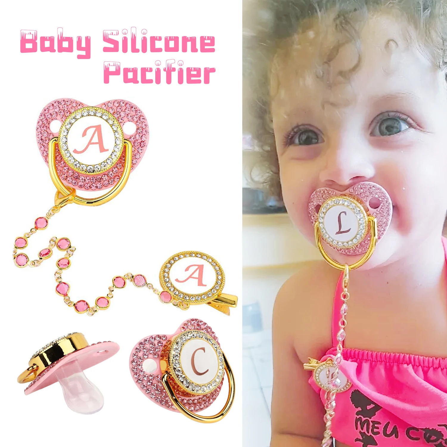 0-3-year-old baby girl pink luxurious diamond letter pacifier, with gemstone chain clip, dust cover, best baby gift, BPA free,