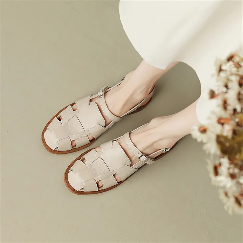 2023 Summer Sandals Cowhide Round Toe Women Sandals Chunky Heel Women Shoes Cover Toe Shoes for Women Hollow Out Roman Shoes