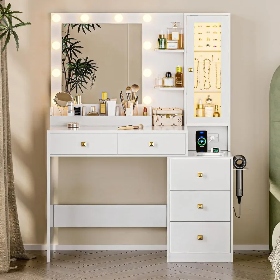 Vanity Desk with Mirror and Lights, Makeup Vanity Mirror with Lights Desk with 5 Drawers, Jewelry Organizerand LED Glass Cabine