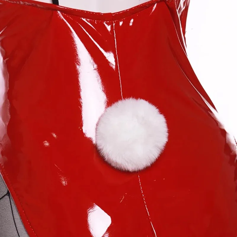 Juego ROLECOS, traje de conejito rojo y negro, tela de cuero elástico para mujer, traje de Cosplay Sexy, monos de Navidad y Halloween