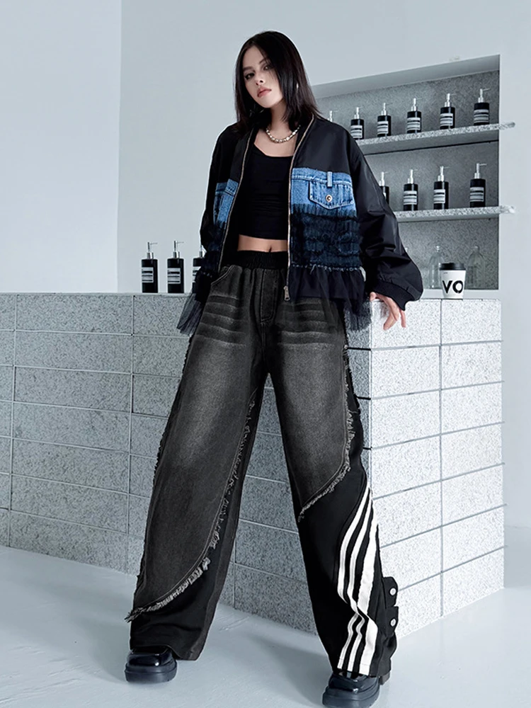 Nyfs americano vintage plus size feminino retalhos jeans solto ajuste cintura elástica perna larga calças jeans estilo outono