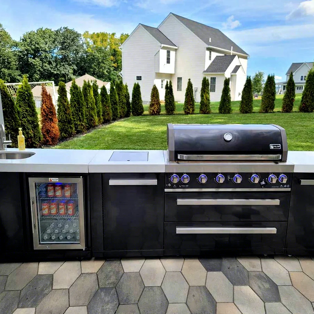 Factory Wholesale Price 304stainless Steel Outdoor Kitchen Pvc Film Outdoor Kitchen Cabinet With Mini Glass Fridge and Led Light