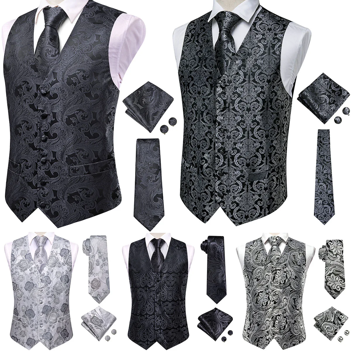 

Hi-Tie Mens Black Gray Vests Jacquard Champagne Paisley Waistcoat Tie Hanky Cufflinks Set for Men Suit Weddding Business