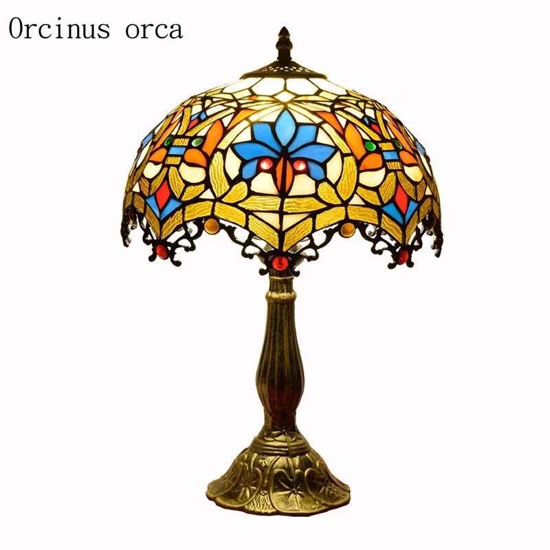 European retro colored glass table lamp bar bedroom bedside lamp Mediterranean pastoral color carving decorative table lamp