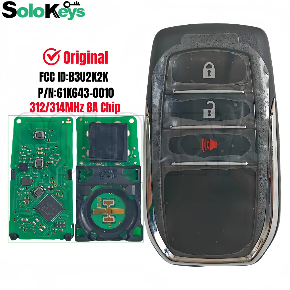 

SOLOKEYS Fccid:B3U2K2K Board Number:61K643-0010 For Toyota Fortuner Hilux Original Smart Remote Key 314/312MHZ 8AChip With LOGO