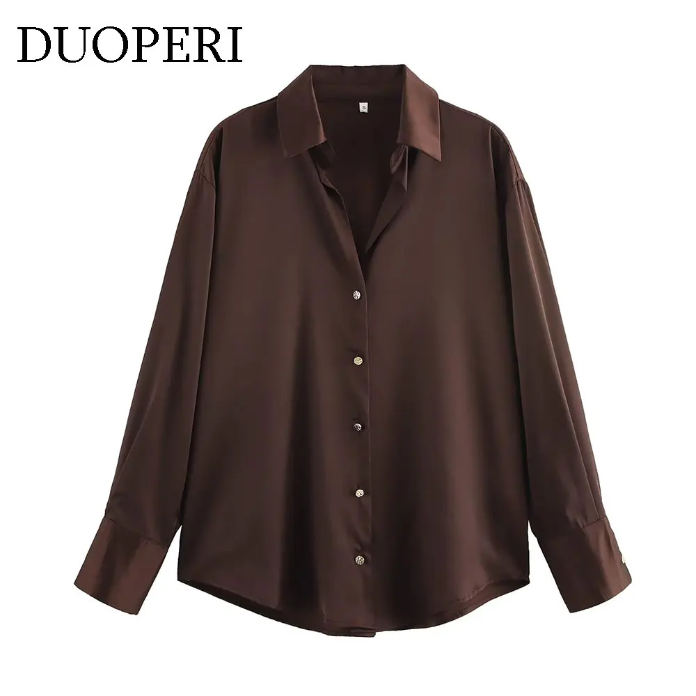 DUOPERI Camicetta da donna in raso marrone moda con risvolto collo maniche lunghe camicie da donna vintage chic femminili