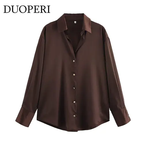 Imagen 2 del producto DUOPERI, blusa marrón satinada a la moda para mujer, cuello de solapa, mangas largas, camisas Vintage elegantes para mujer