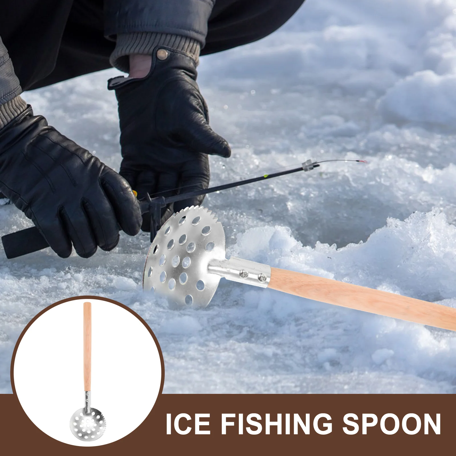 Serrated Ice Fishing Spoon Convenient Equipment Metal Gear Ergonomic Supplies Scoop Wood Accessory Outdoor Skimmer