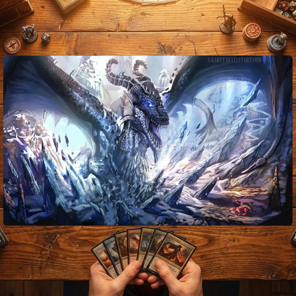 Frost Crystal Ice Dragon TCG Playmat 35X60CM Magic Card Battle Mat Non‑Slip Durable Stitched Edge Large Tabletop Playmat