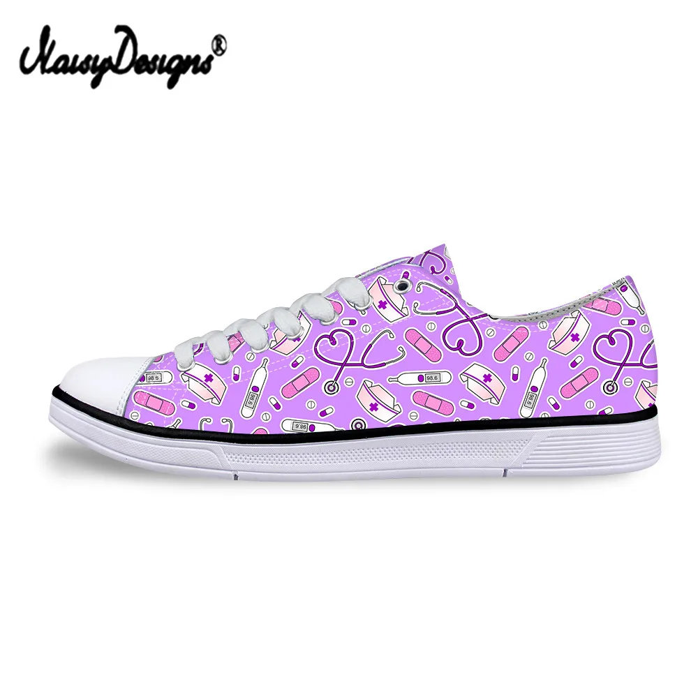 

Noisydesigns White Purple Medicine Print Flats Casual Women Lace-up Vulcanized Shoes Breathable Canvas Low Top Footwear zapatos