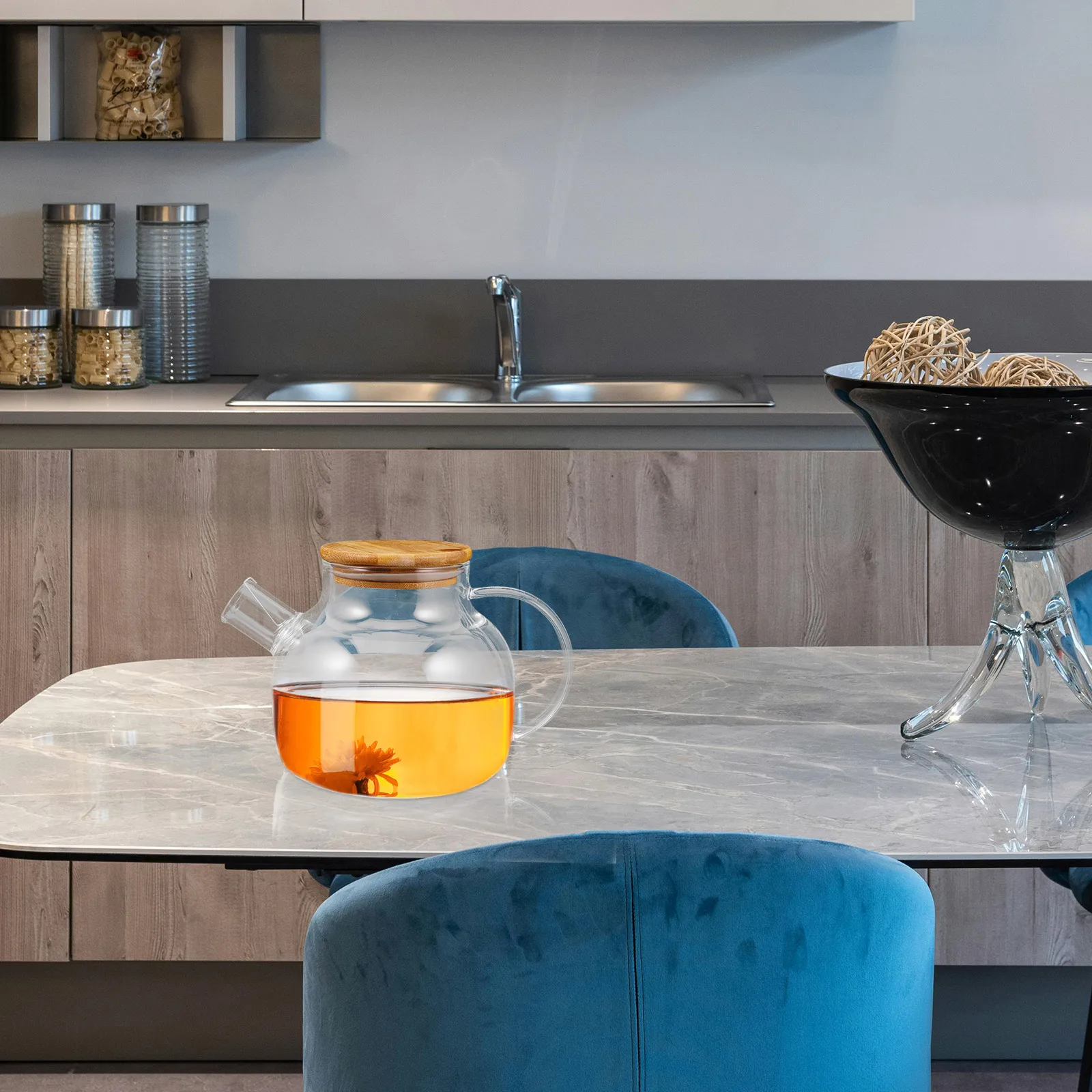 

Clear Glass Teapot with Short Spout Bamboo Cover Stovetop Safe for Hot Tea Coffee Brewing Dishwasher Safe Kettle