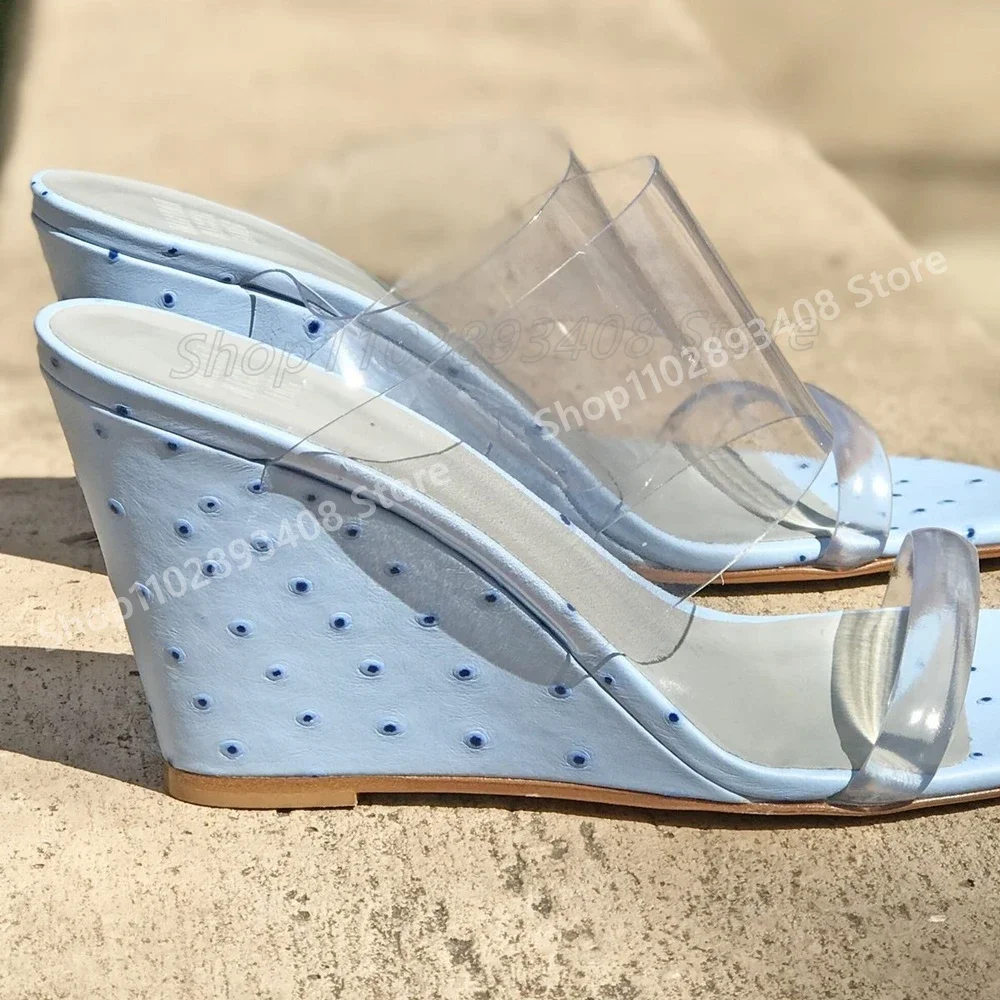 

Blue Dot Pattren Elegant Slippers Wedges High Heel Open Toe PVC Belts Hollow Fashion Women Shoes 2025 Summer Zapatos Para Mujere