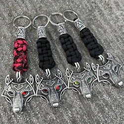Nostalgia 1Pcs Norse Viking Red Green Black Eyes Wolf Head Trinity Bead Handmade Paracord Keychain Accessories Dropshipping