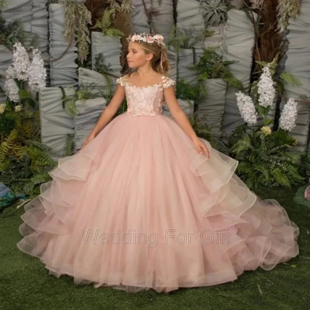 

Pink Tiered Flower Girl Dress Floral Lace Applique Children Wedding Party Gowns New Kids Clothes Princess First Communion Gowns