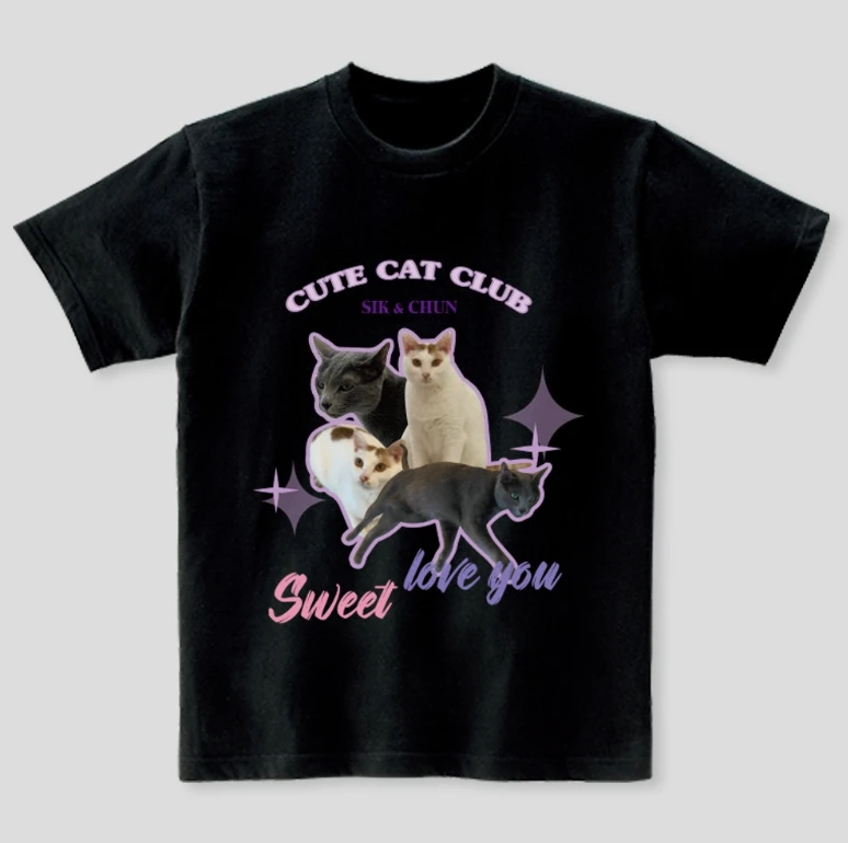 American Retro Style T-shirt for Women Cute Cat Club Graphic  Short Sleeve Crew Neck Tee with Vintage Cat Collage Minimalist