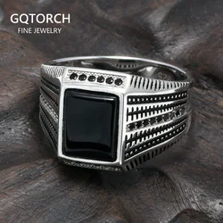 925 Sterling Silver Rings For Men Black Green Red Natural Onyx Stone Square Shape Zirconia Inlaid Turkish Jewelry