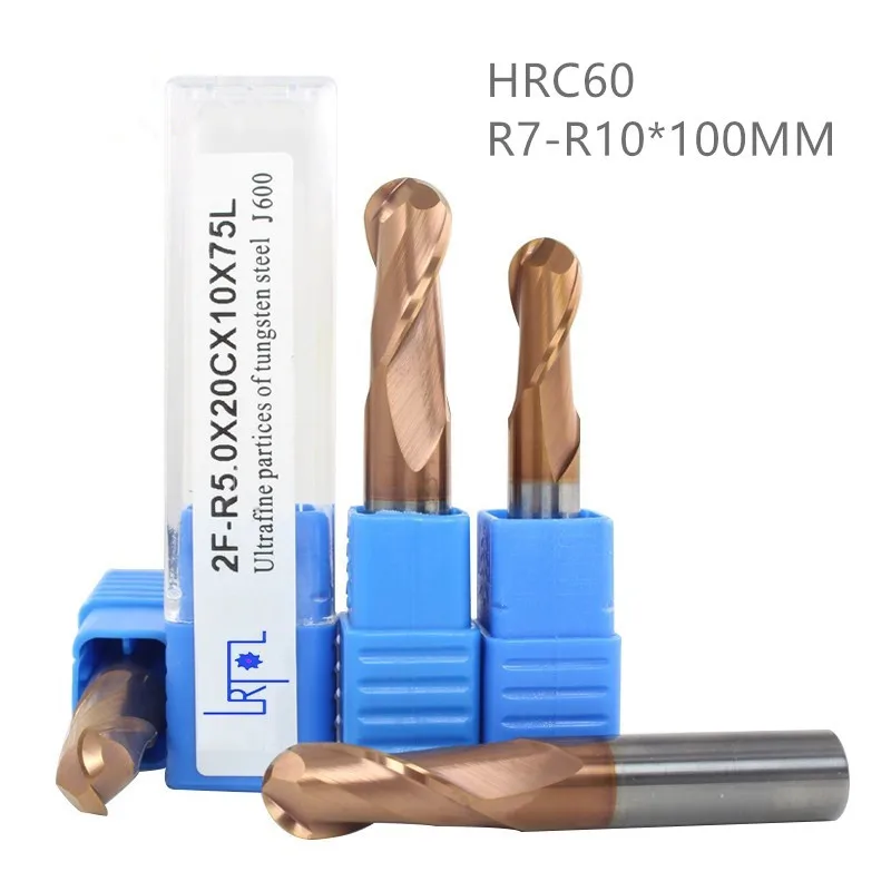 HRC60 R6 7 8 9 10*L75 100MM Tungsten Carbide Ball Nose End Mill 2 Flutes CNC Machine Milling Cutter