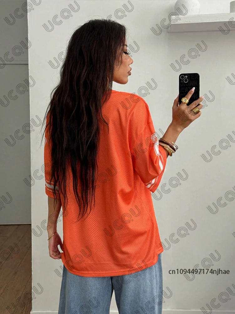 Orange Enjoy Freedom 23 Print T-Shirt For Women Summer New V-Neck Short Sleeve Sports Football Jersey Y2K Loose Oversized Tops