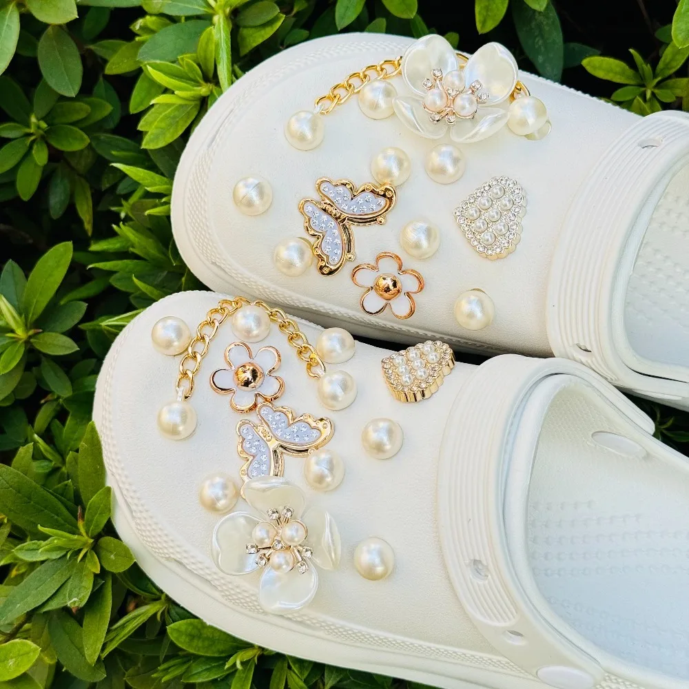 24PCS Summer Fashion Shoe Charms Set Accessories for Clogs Shoe Buckle Butterfly Pearl Flower Chain DIY Shoes Decorations image 6