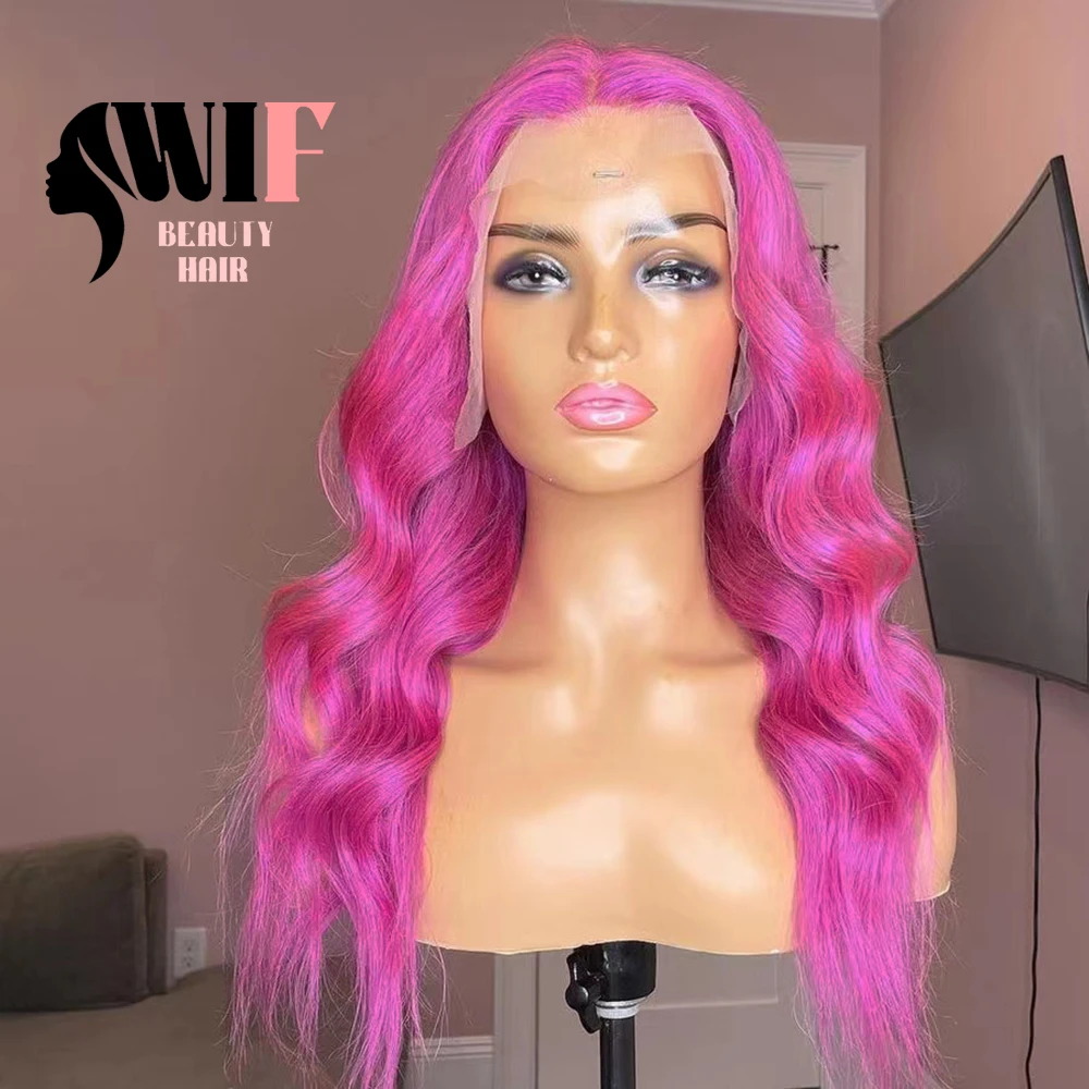 WIF Body Wave Dark Pink Long Hair Synthetic Wig Natural Hairline Water Wavy Lace Front Wigs Women Cosplay Daily Use