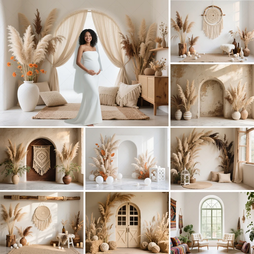 

Wedding Photography Background Boho Window Pampas Arch Adult Birthday Maternity Portrait Decoration Background Photo Studio
