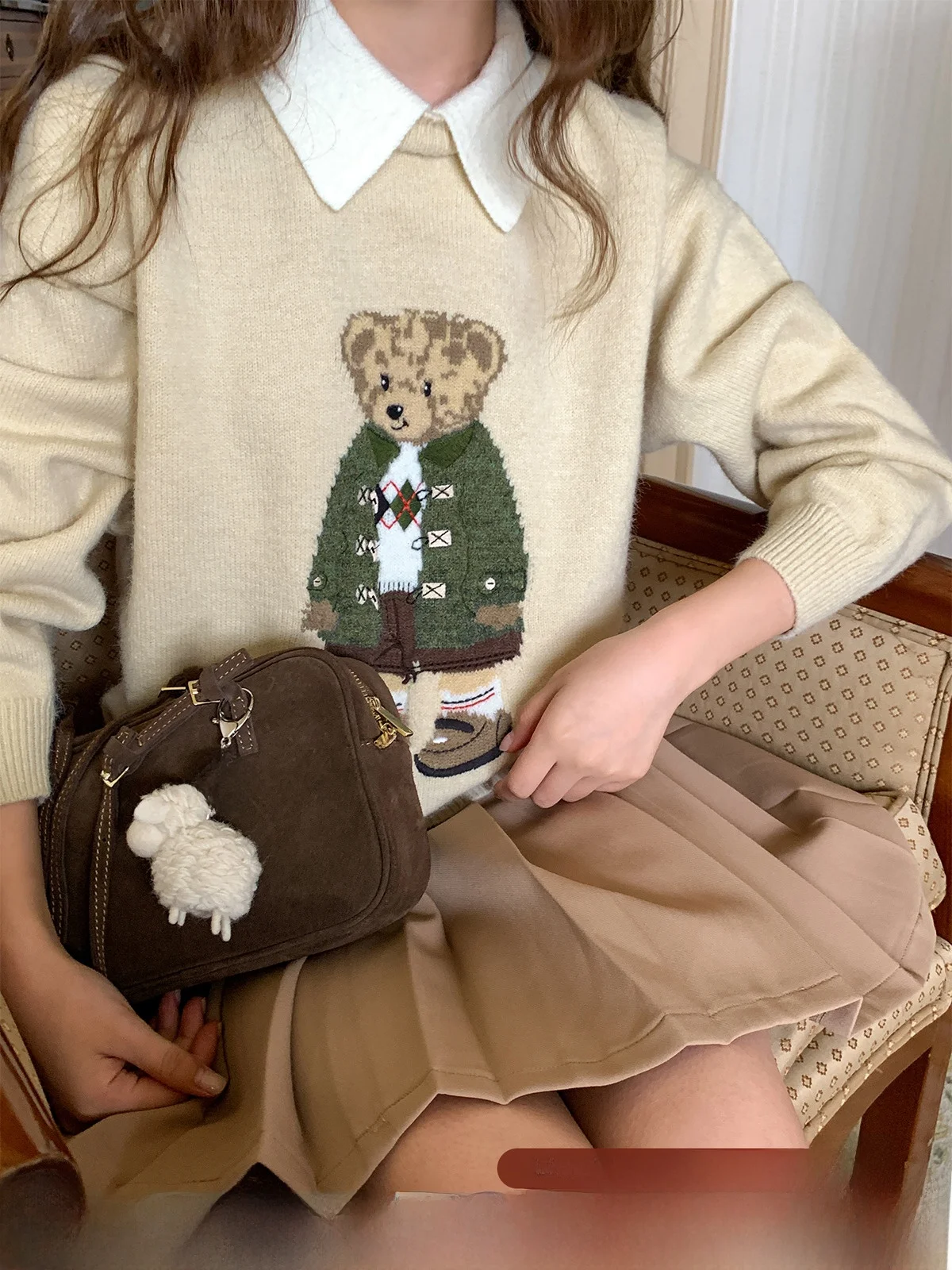 

Hello оригинальный ретро Sle с вышивкой медведя, цветной свободный вязаный свитер с воротником-колокольчиком, женский осенний новый модный топ