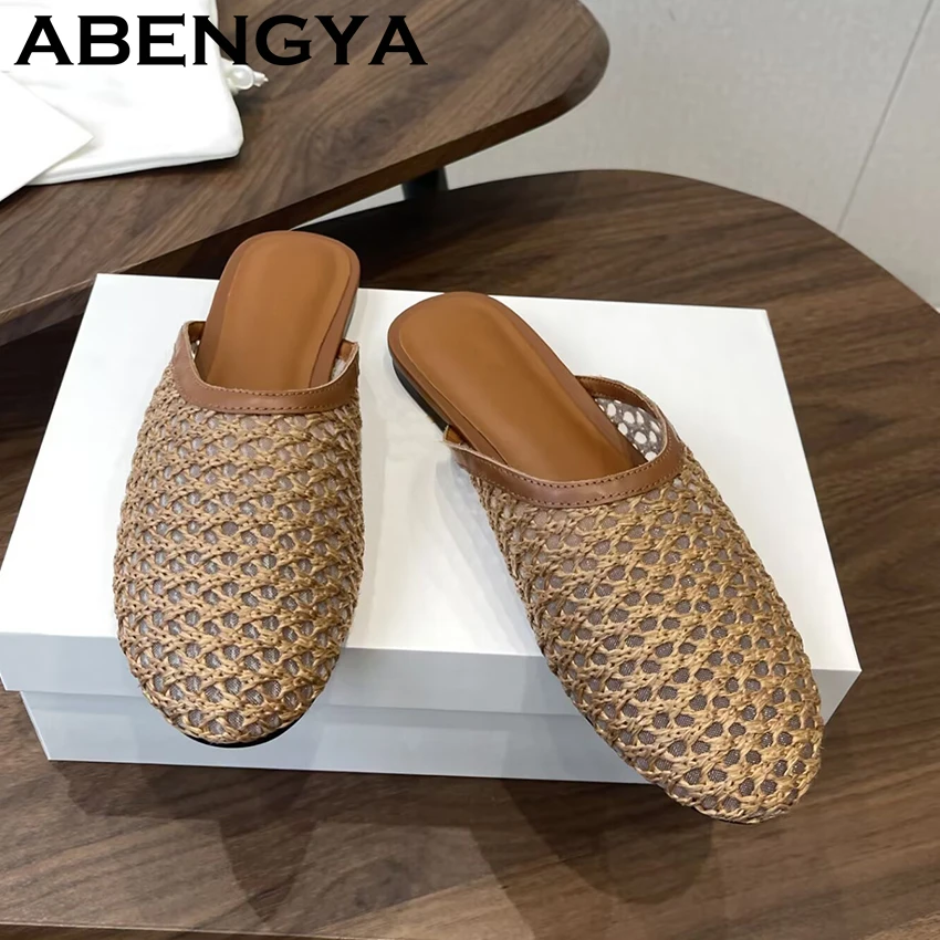 Hollow Out MeshFlat Sole Half Slippers For Women Round Wrap Toe Lazy Mules Summer Breathable Casual Beach Slides Shoes Female