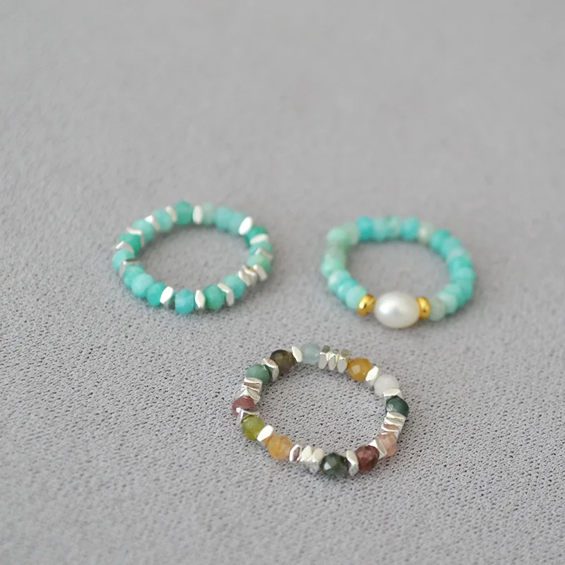 

New Arrival Trendy Autumn Winter Retro Cool Real Stone Tianhe Stone Color Tourmaline Stone Personality Simple Elastic Rings