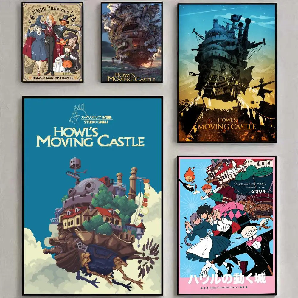 Póster de dibujos animados h-Howls en movimiento de castillo C, calcomanía artística de pared HD impermeable, decoración estética autoadhesiva para el hogar y la vida