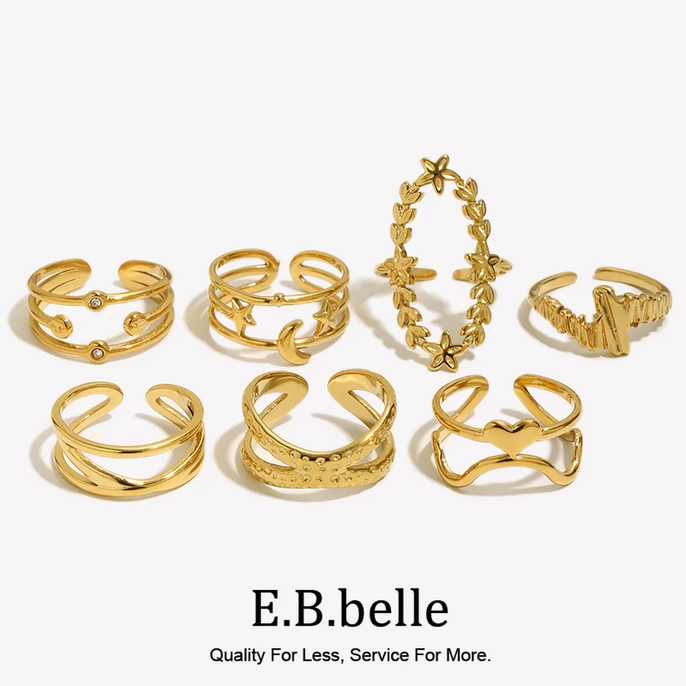 E.B.belle Stainless Steel Cross Dot Open Ring Sun Moon Width Ring Small Lace Ring Vertical Pattern Opening Gold Plated Ring