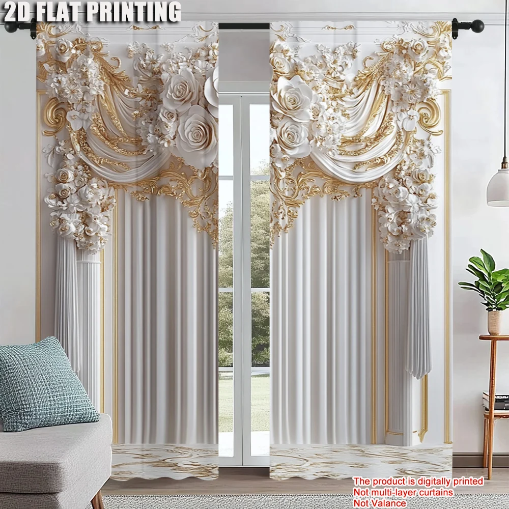 

2Pcs Luxury European Glam Style Window Curtains Digital Printed Drapes Rod Pocket Curtains For Living Room Bedroom And Office