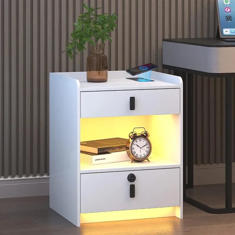 Modern LED Nightstand with USB Charging Port Drawers Wood Side Table for Bedroom Living Room Storage End Table