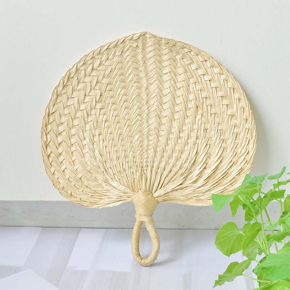 Handmade Natural Palm-leaf Fan for Wedding Decor Guest Favor Curved Handle Straw-woven Cattail Fans Summer Cooling Farmhouse