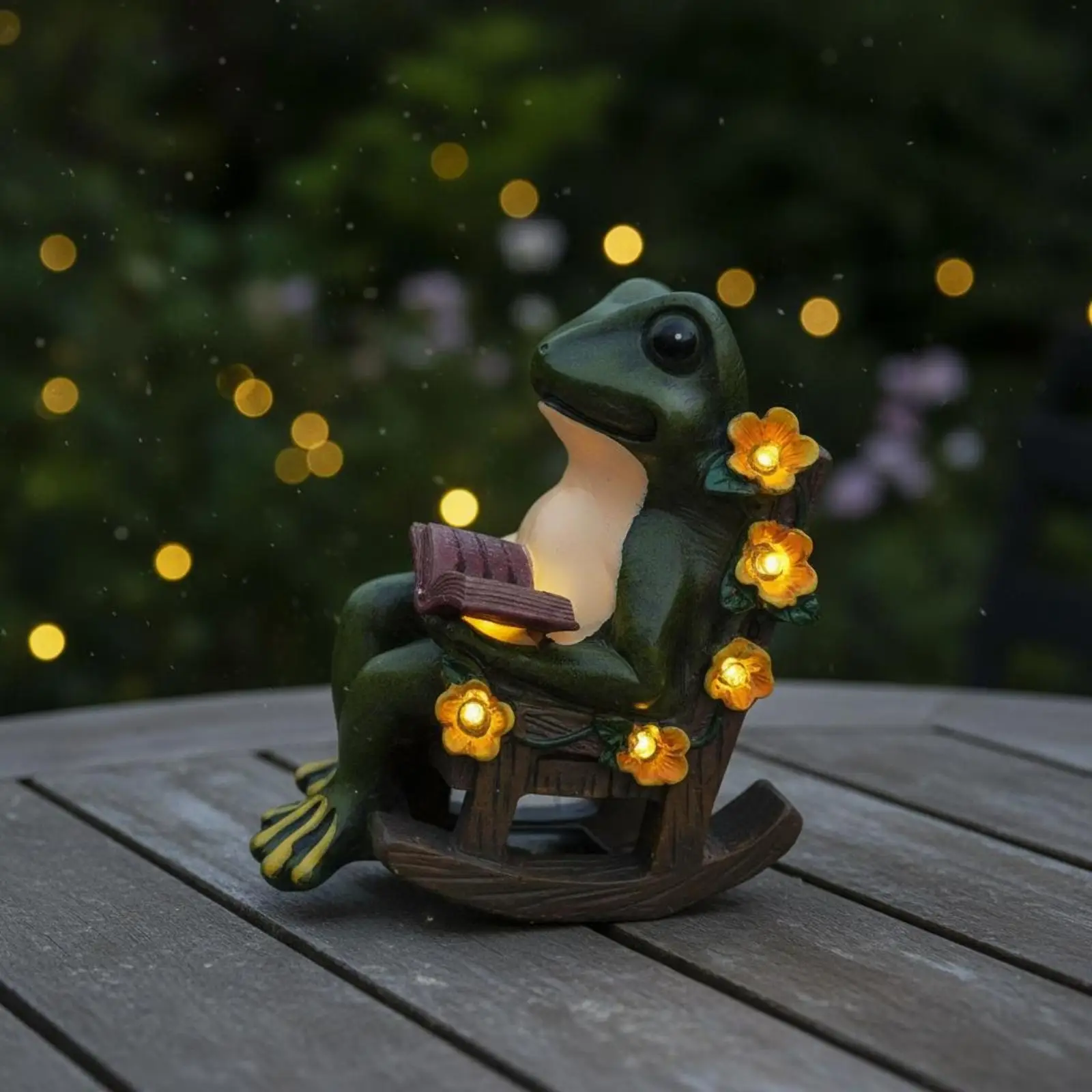 Frog Rocking Chair Figurine Resin Solar Frog Ornament Flower Accents Outdoor Decoration