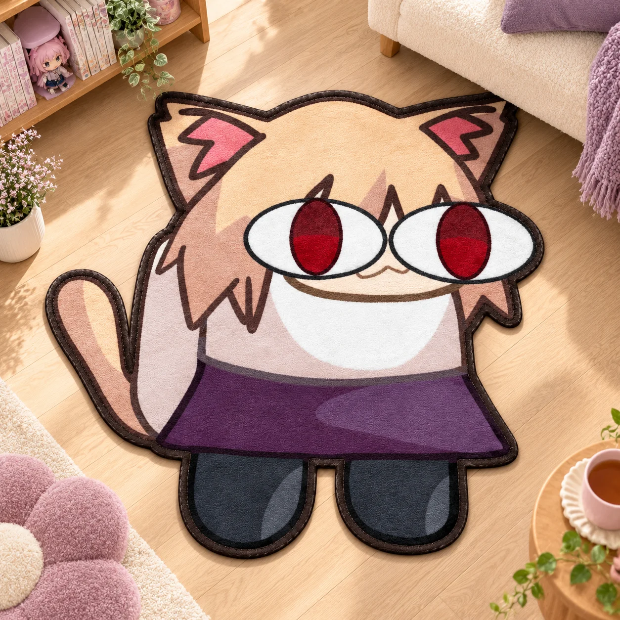 Kawaii N-Neco-Arc Shaped Area Rug Cute Red Eyed Cat Irregular Flannel Floor Mat for Bedroom Living Room Entryway Home Decor Gift