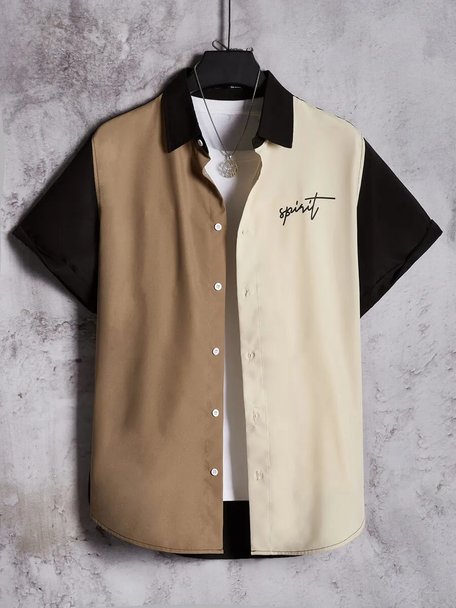 

Мужская рубашка свободного кроя с коротким рукавом, цветными вставками и графическим принтом, на пуговицах