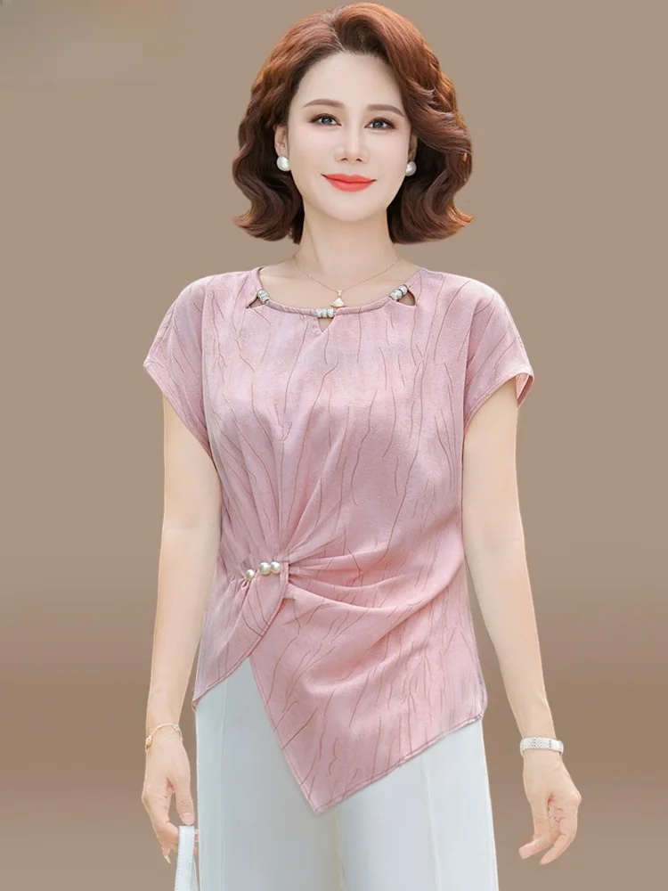 

Летний модный комплект для мам 2025: Новинка! Элегантный комплект из шифонового топа с коротким рукавом и брюк для женщин среднего и старшего возраста.