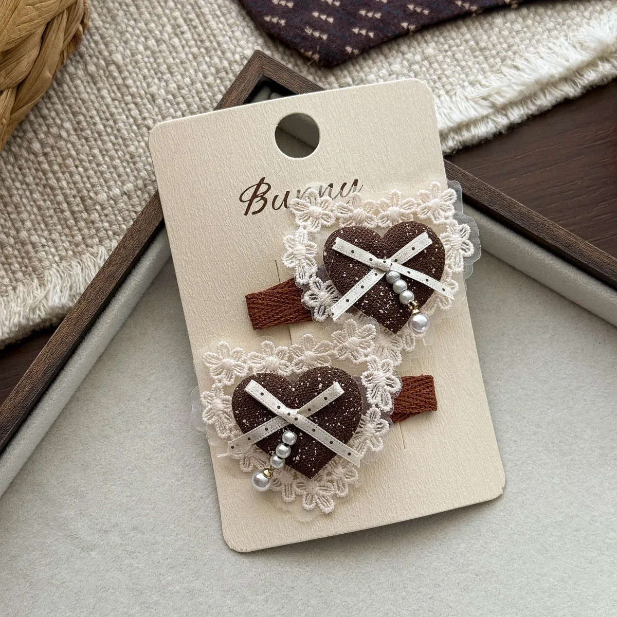 Retro Coffee Color Love Bow Hairpin for Girls Sweet Lace Hair Clip Bangs Side Clip Hair Accessories Autumn Headwear