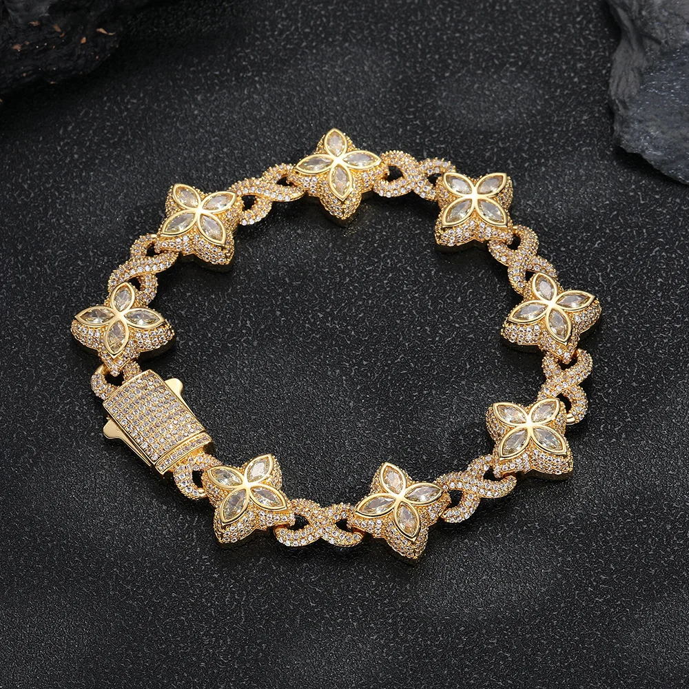AAAA Zircirconia Iced Out Baguettecz Floral Infinity Bracelets with Spring Clasp Multi-Color Cuban Link Bangle Hip Hop Jewelry