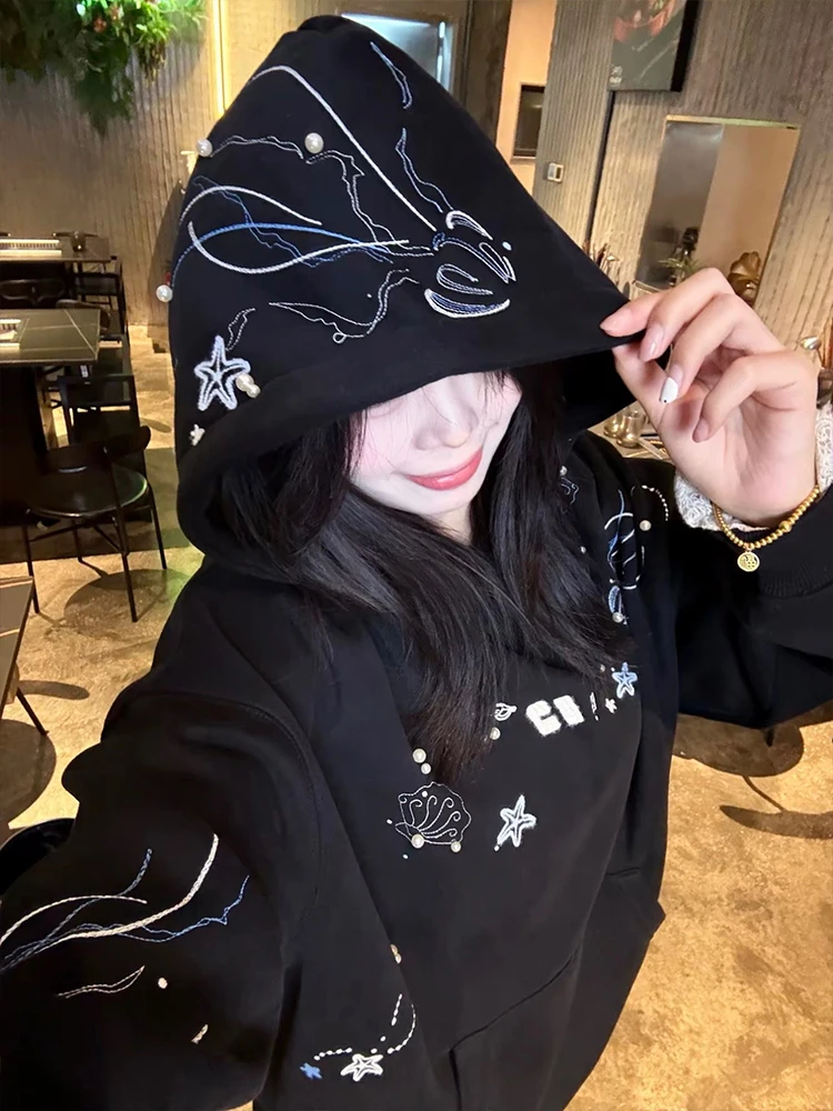 

Утепленная флисовая толстовка с капюшоном и вышивкой для женщин, осенне-зимняя, в американском уличном стиле, премиум-класса, парная куртка