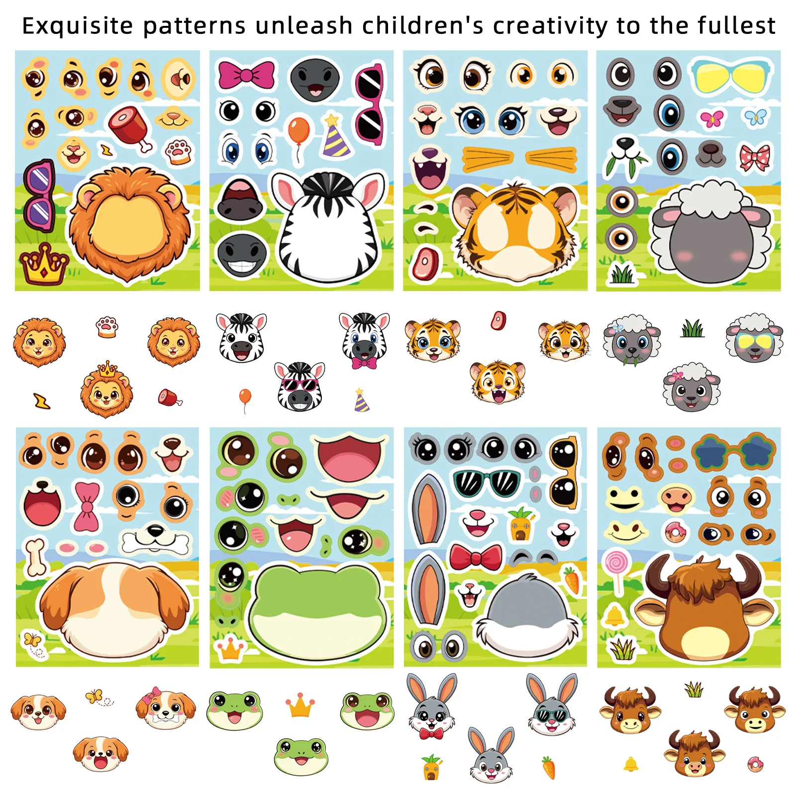 8sheets Cute Animal DIY Make A Face Puzzle Stickers Notebook Stationery Suitcase Fridge Waterproof Sticker Decals