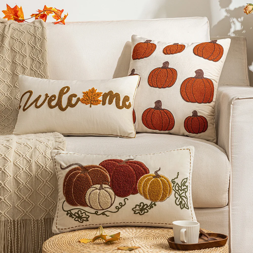 

30x50cm Throw Cushion Cover New Autumn Embroidered Velvet Nordic Style Pumpkin Circle Velvet Sofa Pillow Case Cover