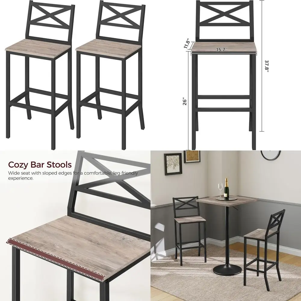 

Pair of 26 High Counter Stools with Backrest and Footrest, Easy Assembly, Greige Kitchen Breakfast Chairs for Dining Room