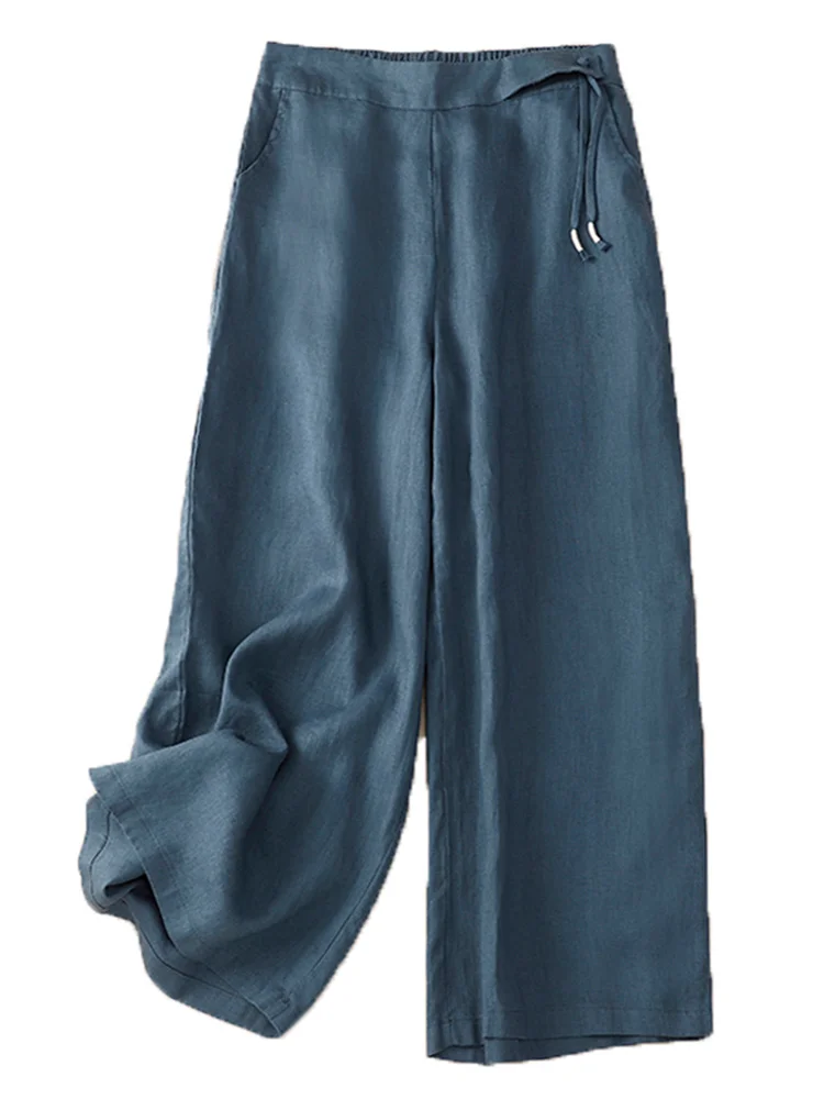 Cintura alta calças de perna larga algodão linho casual nove pontos fino sle feminino premium faion calças commute sle vintage