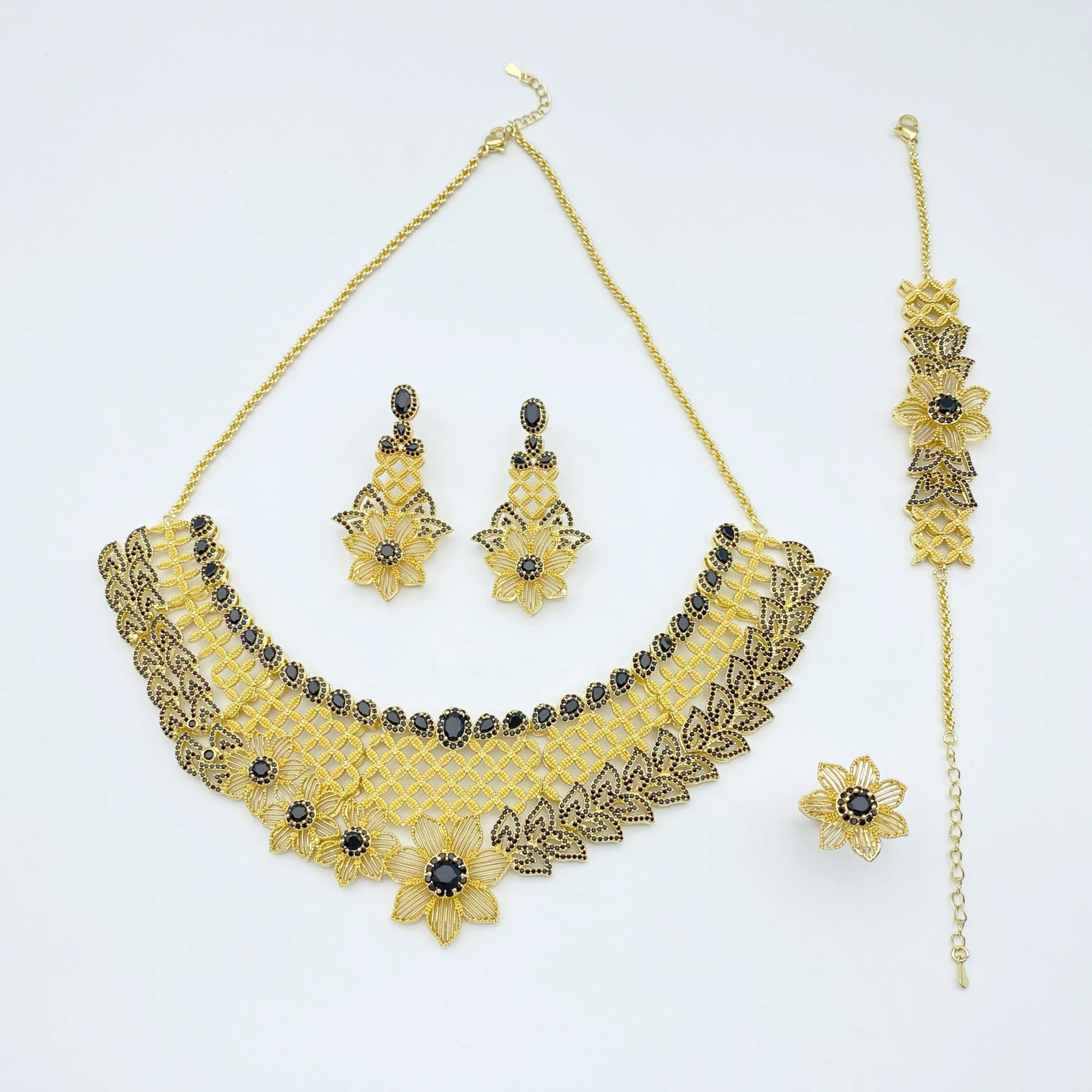 

Flora Recessed Flower Vintage Zircon Jewelry Set Gold Plated Copper African Traditional Style Necklace Bracelet Ring Earrings